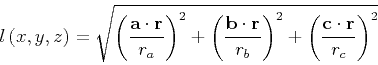 \begin{displaymath}
l \left (x,y,z \right)=
\sqrt{\left (\frac{{\bf a}\cdot {\b...
...ight)^2 +
\left (\frac{{\bf c}\cdot {\bf r}}{r_c} \right)^2}
\end{displaymath}