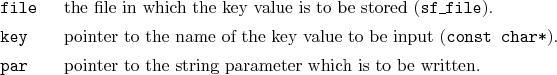 \begin{desclist}{\tt }{\quad}[\tt file]
\setlength \itemsep{0pt}
\item[file] ...
...item[par] pointer to the string parameter which is to be written.
\end{desclist}