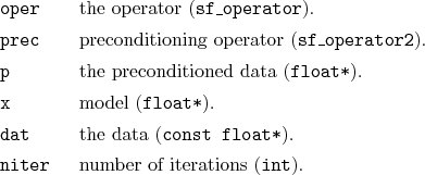 \begin{desclist}{\tt }{\quad}[\tt niter]
\setlength \itemsep{0pt}
\item[oper]...
...st float*}).
\item[niter] number of iterations (\texttt{int}).
\end{desclist}