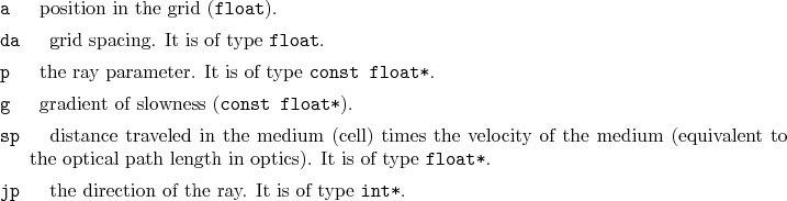 \begin{desclist}{\tt }{\quad}[\tt ]
\setlength \itemsep{0pt}
\item[a] positio...
... \item[jp] the direction of the ray. It is of type \texttt{int*}.
\end{desclist}