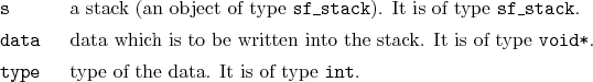 \begin{desclist}{\tt }{\quad}[\tt type]
\setlength \itemsep{0pt}
\item[s ] a ...
...oid*}.
\item[type] type of the data. It is of type \texttt{int}.
\end{desclist}