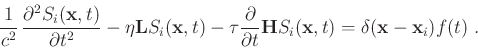 \begin{displaymath}
{\frac{1}{c^2}} {\frac{\partial^2 S_i(\mathbf{x},t)}{\part...
...i(\mathbf{x},t) = \delta(\mathbf{x}-\mathbf{x}_i) f(t) \; .
\end{displaymath}