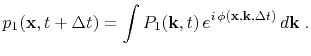 $\displaystyle p_1(\mathbf{x},t+\Delta t) = \int P_1(\mathbf{k},t) e^{i \phi(\mathbf{x},\mathbf{k},\Delta t)} d\mathbf{k}\;.$