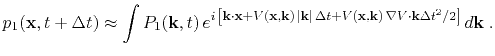 $\displaystyle p_1(\mathbf{x},t+\Delta t) \approx \int P_1(\mathbf{k},t) e^{i ...
...,\mathbf{k}) \nabla V \cdot \mathbf{k} {\Delta t}^2/2 \right]} d\mathbf{k}\;.$