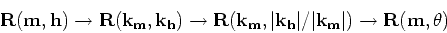 \begin{displaymath}
{ \bf R}({ \bf m},{ \bf h}) \rightarrow
{ \bf R}({ \bf k}_{ ...
...t{ \bf k}_{ \bf m}\vert) \rightarrow
{ \bf R}({ \bf m},\theta)
\end{displaymath}