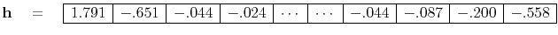 $\displaystyle {\bold h} \eq \begin{array}{\vert r\vert r\vert r\vert r\vert r\v...
...1&-.651&-.044&-.024&\cdots&\cdots&-.044&-.087&-.200&-.558 \\ \hline \end{array}$