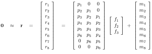 $\displaystyle \bold 0 \quad\approx\quad \bold r \eq \left[ \begin{array}{c} r_1...
...ay}{c} m_1 \ m_2 \ m_3 \ m_4 \ m_5 \ m_6 \ m_7 \ m_8 \end{array} \right]$