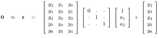 $\displaystyle \bold 0 \quad \approx \quad \bold r \eq \left[ \begin{array}{ccc}...
... + \left[ \begin{array}{c} y_2 \ y_3 \ y_4 \ y_5 \ y_6 \end{array} \right]$