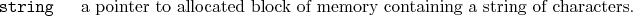 \begin{desclist}{\tt }{\quad}[\tt ]
\setlength \itemsep{0pt}
\item[string] a ...
... to allocated block of memory containing a string of characters.
\end{desclist}