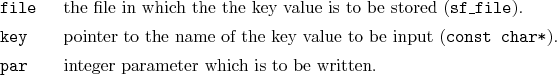 \begin{desclist}{\tt }{\quad}[\tt file]
\setlength \itemsep{0pt}
\item[file] ...
...st char*}).
\item[par] integer parameter which is to be written.
\end{desclist}