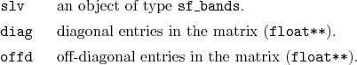 \begin{desclist}{\tt }{\quad}[\tt offd]
\setlength \itemsep{0pt}
\item[slv] a...
...tem[offd] off-diagonal entries in the matrix (\texttt{float**}).
\end{desclist}