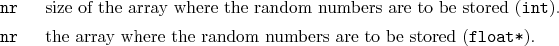 \begin{desclist}{\tt }{\quad}[\tt ]
\setlength \itemsep{0pt}
\item[nr] size o...
...rray where the random numbers are to be stored (\texttt{float*}).
\end{desclist}