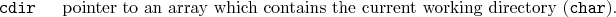 \begin{desclist}{\tt }{\quad}[\tt cdir]
\setlength \itemsep{0pt}
\item[cdir] ...
...ray which contains the current working directory (\texttt{char}).
\end{desclist}