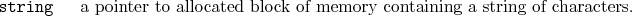\begin{desclist}{\tt }{\quad}[\tt string]
\setlength \itemsep{0pt}
\item[stri...
... to allocated block of memory containing a string of characters.
\end{desclist}