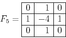 \begin{displaymath}
F_5 =
\begin{array}{\vert r\vert r\vert r\vert}
\hline
0 & 1...
...\\ \hline
1 & -4 & 1 \\ \hline
0 & 1 & 0 \\ \hline
\end{array}\end{displaymath}