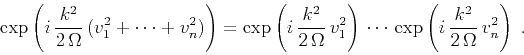 \begin{displaymath}
\exp\left( i\,{{k^2} \over {2\,\Omega}}\,
(v_1^2 + \cdots + ...
...ots\,
\exp\left( i\,{{k^2} \over {2\,\Omega}}\,v_n^2\right)\;.
\end{displaymath}