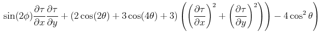 $\displaystyle \left. \left. \sin (2\phi ) \frac{\partial
\tau }{\partial x} \f...
...frac{\partial \tau }{\partial
y}\right)^2\right)\right)-4 \cos ^2\theta\right)$