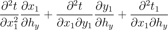 $\displaystyle \frac{\partial^2 t}{\partial x_1^2 } \frac{\partial x_1}{\partial...
...{\partial y_1}{\partial h_y} +
\frac{\partial^2 t_1}{\partial x_1 \partial h_y}$