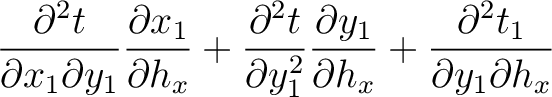 $\displaystyle \frac{\partial^2 t}{\partial x_1 \partial y_1 } \frac{\partial x_...
...{\partial y_1}{\partial h_x} +
\frac{\partial^2 t_1}{\partial y_1 \partial h_x}$