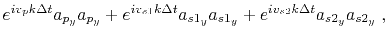 $\displaystyle e^{i v_p k \Delta t} a_{p_y} a_{p_y} + e^{i v_{s1} k \Delta t} a_{s1_y} a_{s1_y} + e^{i v_{s2} k \Delta t} a_{s2_y} a_{s2_y} \;,$