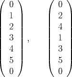 \begin{figure}\centering
$
\left(\begin{array}{c}
0 \\
1 \\
2 \\
3 \\
4...
... 0 \\
2 \\
4 \\
1 \\
3 \\
5 \\
0
\end{array}\right)
$\end{figure}