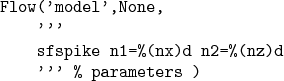 \begin{verbatimtab}[4]
Flow('model',None,
'''
sfspike n1=%(nx)d n2=%(nz)d
''' % parameters )
\end{verbatimtab}