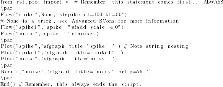 \begin{lstlisting}
from rsf.proj import *  ...