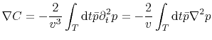 $\displaystyle \nabla C=-\frac{2}{v^3}\int_T\mathrm{d}t\bar{p} \partial_t^2 p=-\frac{2}{v}\int_T\mathrm{d}t\bar{p} \nabla^2 p$